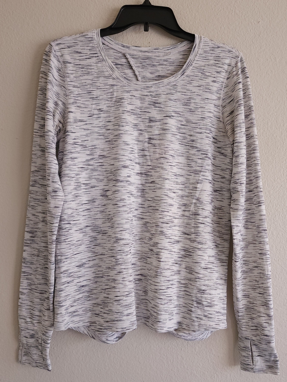 Lululemon White Gray Space Dye Open Split Tie Back Long Sleeve Shirt Thumbholes